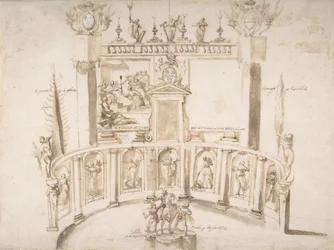 Design pro zahradní slavnost s půlkruhovou stěnou a sochami ve výklencích, ca. 1635-79.