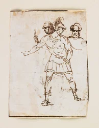 Studie dvou římských vojáků a vousaté postavy (recto); Studie vousatého muže, který chodí s holí (verso) (pero a hnědý inkoust)