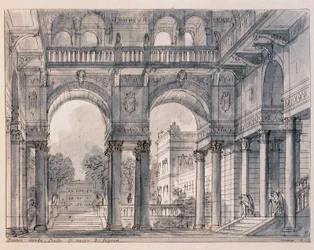 Scénografie pro druhou scénu „“ Figarova svatba (Figarova svatba) Wolfanga Amadea Mozarta (1756-1791) v režii scénografa Francesca Bagnara (1784-1866) 1820-1839 Benátské Museo Correr