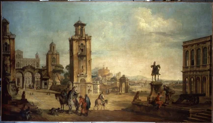 ""Pouliční scéna ve městě, velké náměstí s památkami"" (Pohled na město) Obraz Francesca Battaglioliho (ec. venit.) (1722-1790) Ermitážní muzeum 18. století, Petrohrad