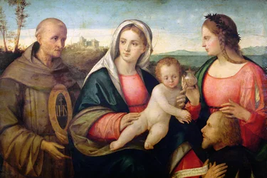 Sacra Conversazione: Svatý Bernardin a světice představující dárce, kolem roku 1525 (olej na desce)