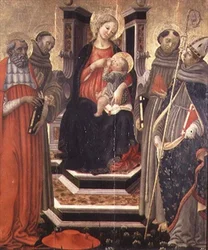 Madonna a dítě s SS. Jeroným, František z Assisi, Antonín Paduánský a Ludvík z Toulouse (tempera na panelu)