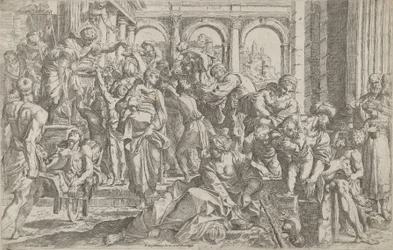 Svatý Roch vlevo rozdává almužnu skupině lidí shromážděných kolem sebe po ..., 1590-1600.