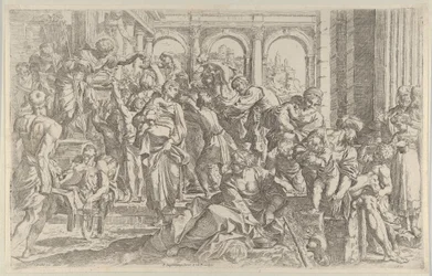 Svatý Roch vlevo rozdává almužnu skupině lidí shromážděných kolem sebe, asi... 1590-1600.