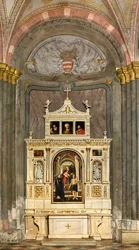 Severní transept, oltář sv. Mikuláše, Amigona a mnicha Mabila 1495, trůnící Madony a dítěte sv. Anny sv. Mikuláše z Tolentina a Jeronýma, Francesco Casella