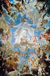 Apoteóza, freska Pamphilj House od Francesca Cozzy (1605-1682), Palazzo Doria Pamphilj, Řím, Itálie