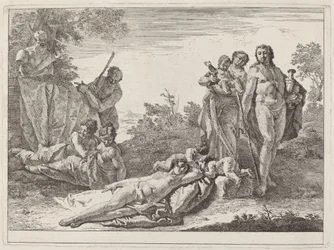 Apollo a nymfy v krajině s bustou Pan
