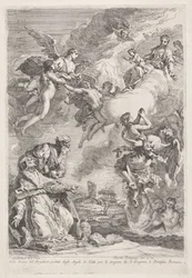 Svatý Řehoř Veliký a svatý Jeroným se modlí za duše v očistci Molte Anime del Purgatorio portate dagli Angeli in Cielo per le pregiere di S. Gregorio I. Pontefice Romano (název na objektu)