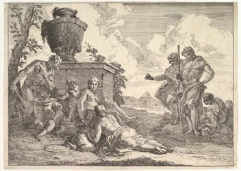 Satyr s kyjem a sedmi postavami, z Bacchanals a historie, 1744.