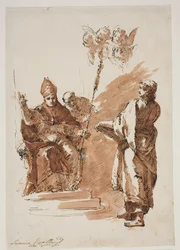St Louis seděl a vedle něj stál svatý Jan Evangelista. Studie pro oltářní obraz v Chiesa dell’Angelo Raffaele, Benátky