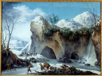 Pozorovatelé zasněžené krajiny řežou dřevo, pilnost se chystá vstoupit do tunelu. Obraz Francesca Foschiho (činný mezi 1750 a 1805) 18. století Slunce. 1,02x1,36 m Grenoble, Musee des Beaux Arts
