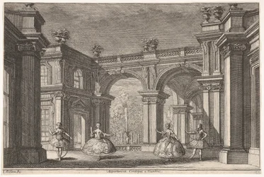 Dvě dámy a dva pánové tančí v zdobném architektonickém prostředí, kašna v..., 1765.