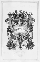 Snoubenci, titulní strana od Francesca Gonina (1808-1889) pro vydání románu Alessandra Manzoniho (1785-1873) z let 1840-1842, Itálie