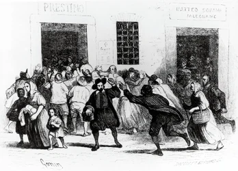 Plenění pekárny o berlích, epizoda ze Zasnoubení, od Alessandra Manzoniho (1785-1873), ilustrace Francesco Gonin (1808-1889) vydání z roku 1840
