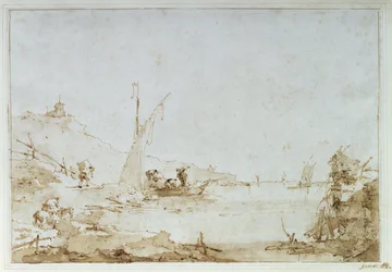 Pobřežní scéna, cca 1770-80 (pero a hnědá barva s černou křídou na papíře)
