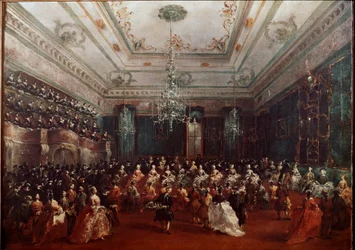 Galakoncert v Casino dei Filodrammatici v Benátkách Koncert pro ženy. Obraz Francesca Guardiho (1712-1793) Rozměr.67x90 cm Mnichov, Alte Pinakothek