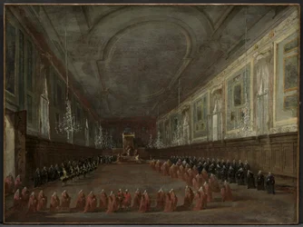 Papež Pius VI. sestupuje z trůnu, aby opustil dóžete v sále..., c. 1783.