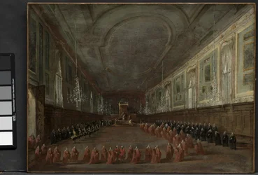 Papež Pius VI. sestupuje z trůnu, aby opustil dóžete v sále SS. Giovanni e Paolo, 1782 a papežský obřad v SS. Giovanni e Paolo, Benátky, 1782, c. 1783