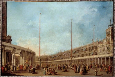 Benátský dóže následuje procesí Corpus domini piazza San Marco (náměstí sv. Marka) Pravděpodobně jde o dóže Alviso IV Mocenigo (1763-1778). Obraz Francesca Guardiho (1712-1793) 1766-1770 Ne. 0,67x1m