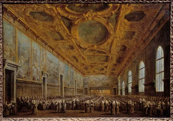 Benátský dóže děkuje hlavní radě. Scéna se odehrává v Dóžecím paláci na náměstí San Marco v Benátkách. Obraz Francesco Guardi