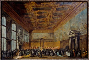 Audience udělená benátským dóžem (pravděpodobně Alvise IV Mocinego (1701-1778)) v College Hall v Dóžecím paláci v Benátkách Obraz Francesca Guardiho (1712-1793) 1766-1770 Ne. 0,67 x 1,01 m