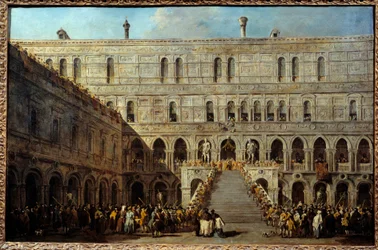 Korunovace benátského dóžete na Schodišti obrů v Dóžecím paláci, mezi lety 1766 a 1770. 0,67 x 1,01 m.