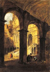 Pohled na nádvoří Palazzo Ducale a Obří schodiště (Scala dei Giganti), v Benátkách, ca 1780, Francesco Guardi (1712-1793), olej na plátně, 26x39 cm.