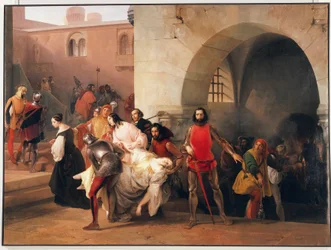 Bice našel Marco Visconti v suterénu svého hradu v Rosate, téma z románu Marco Visconti od Tommaso Grossi, ilustrace Francesco Hayez