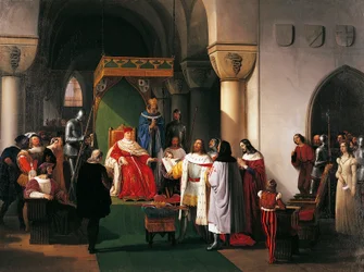 Filippo Maria Visconti, vévoda milánský, vrací korunu králům Aragona a Navarry, zajatým Janovany, Francesco Hayez (1791-1882)