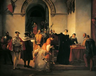 Francesco Hayez (1791-1882) Mary Queen of Scots protestuje před šerify před šerifem o svém rozsudku smrti.