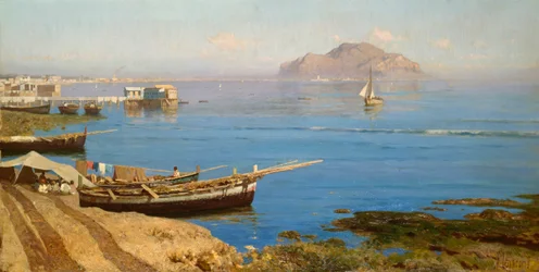 Marina s lodí a rybáři, Francesco Lojacono (1838-1915), olej na plátně, 61x118 cm
