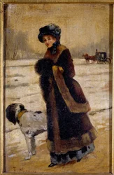 Mladá žena se psem Mladý buržoazní v kožichu a rukávu. Obraz Francisco Miralles Galup (1848-1901) Soukromá sbírka 19. století