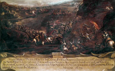 Válka o Candia (Kréta): „“ bitva mezi benátskou flotilou Francesca Morosiniho (1619-1694) a tureckou flotilou v roce 1659“ (Krétská válka (1645-69): bitva mezi benátskou a tureckou flotilou v roce 1659) Malba od Francesca Montiho dit il Brescianino delle