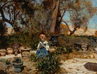 Dívka v zahradě, Francesco Paolo Michetti (1851-1929), olej na panelu, 27x36 cm