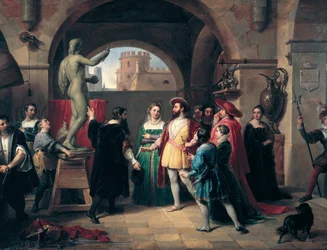 Francouzský král František I. (1494-1547) navštěvuje dílnu Benvenuta Celliniho (1500-1571) v Římě. Malíř představuje králi sochu svatého Jana Evangelisty. Anonymní malba. Řím, Galleria Nazionale d