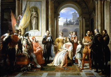 Torquato Tasso (Le Muche) čte své Jerusalem delivree (Osvobozený Jeruzalém) na dvoře ve Ferraře. Obraz Francesca Podestiho (1800-1895)