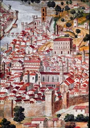Pianta della Catena: detail mapy města Florencie zvané „Catena“ podle rámu mapy ve tvaru řetězu. Vytvořil Francesco di Lorenzo Rosselli (1448-1513) roku 1490. Florencie, Museo Firenze com
