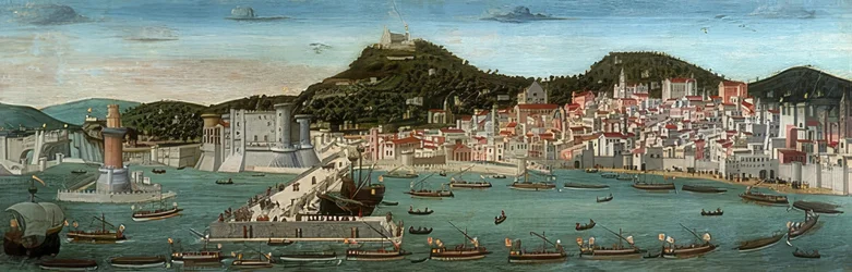 Tavola Strozzi. Pohled na Neapol, aragonské loďstvo vplouvá do přístavu 12. července 1465
