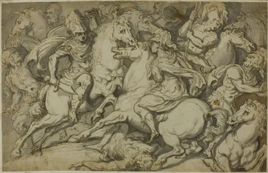 Jezdecká šarvátka (recto); klečící Ecorché (verso)