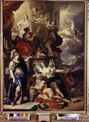 Alegorie vlády. Medailon uprostřed představuje tvář ruské královny Kateřiny II. (1729-1796). Obraz Francesca Solimena (1657-1747). Olej na plátně