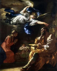 "Josefův sen" nebo "Josef a anděl" nebo "Sen svatého Josefa". Obraz Francesca Solimeny (1657-1747) 1696-1697 Paříž, musee du Louvre