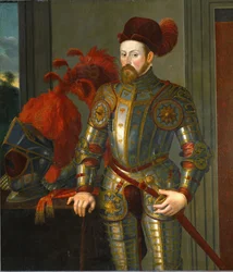Arcivévoda Ferdinand II., druhý syn krále Ferdinanda I. a Anny Uherské (malba na dubovém dřevě)