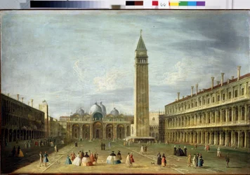 Náměstí svatého Marka (San Marco) (nebo Piazzetta) v Benátkách s bazilikou svatého Marka a Campanile. (Náměstí svatého Marka v Benátkách). Obraz Francesca Tironiho (1745-1797). Olej na plátně, 72 x 109 cm. Benátské umění 18. století. Státní muzeum Archa