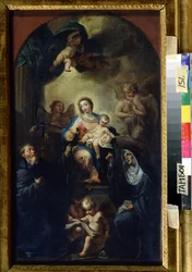 Panna a dítě se svatými (Madonna a dítě se svatými). Obraz Francesca Trevisaniho (1656-1746). Olej na plátně, 61,5 x 35,5 cm. Benátská škola, italské barokní umění. Oblastní galerie umění, Tambov (Rusko).