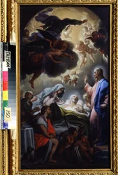 Smrt Josefa (Josefova smrt). Znázornění Nejsvětější Trojice: Ježíš Kristus, Bůh a holubice Ducha svatého (Duch svatý). Obraz Francesca Trevisaniho (1656-1746). Olej na plátně, 69,5 x 39,5 cm