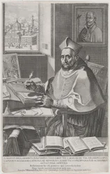 Kardinál Roberto Bellarmino u svého stolu, psaní, 1604.