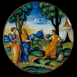 Fajánsový pokrm vyrobený Francescem Xanto Aveli (aktivní kolem 1530/1540) představující Parnas. Realizujte v Urbinu. 1530. Paříž, muzeum Louvre