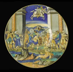Talíř se scénou z Ariostova Orlanda Furiosa, 1531 (maiolica)
