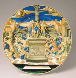 Deska s masakrem neviňátek, kolem 1527-30 (maiolica)