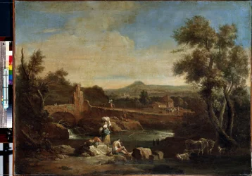 Krajina s řekou. Obraz Francesca Zuccarelliho (1702-1788). Olej na plátně, 81,5 x 119 cm. Benátské umění 18. století. Muzeum Ermitáž, Petrohrad.